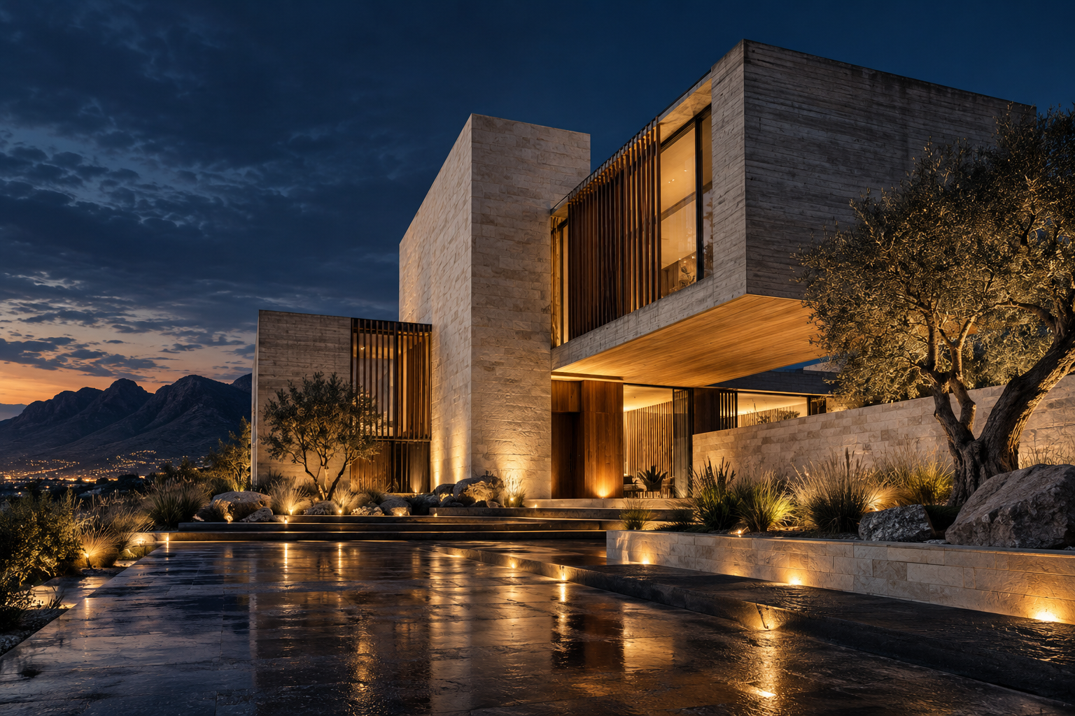 Concepto arquitectónico: volúmenes de piedra y concreto iluminados al anochecer
